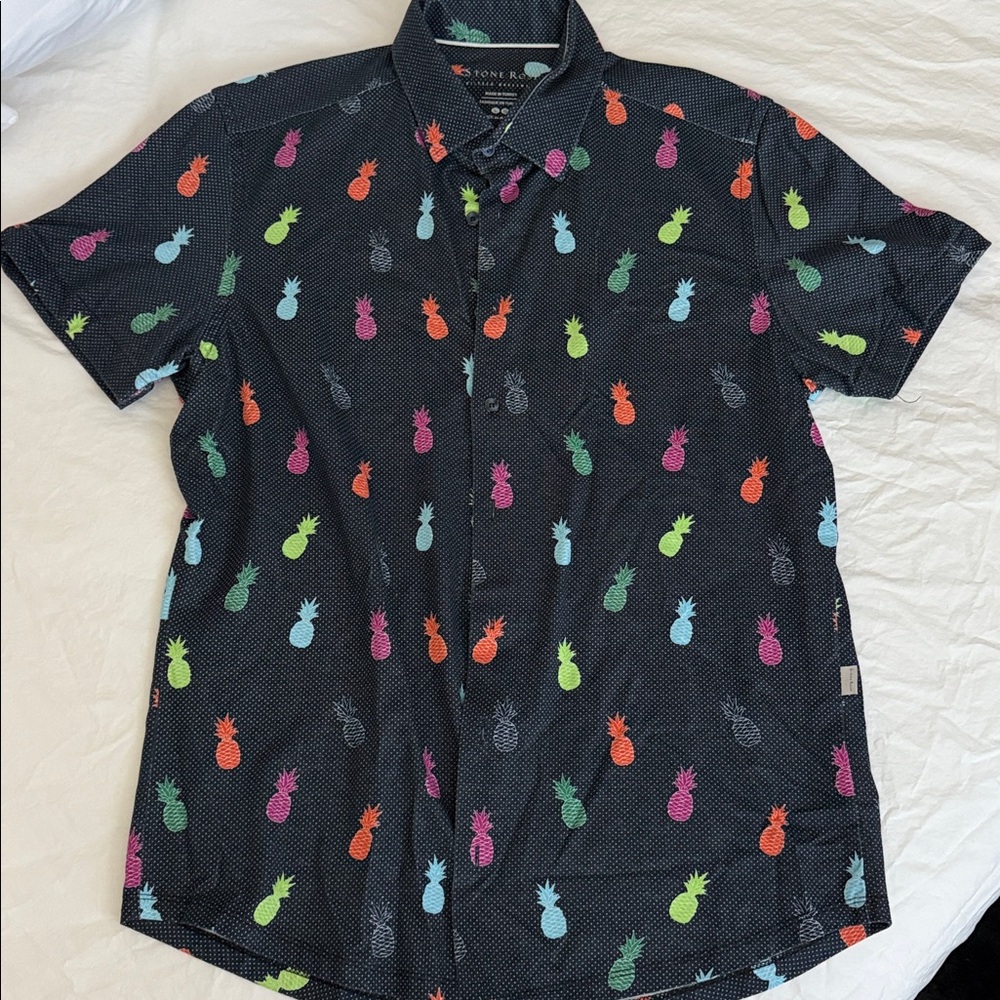 STONE ROSE Navy w/Pineapple Print Short Sleeve Shirt sz L